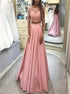 A Line Scoop Lace Long Sleeves Two Piece Satin Prom Dresses LBQ3795